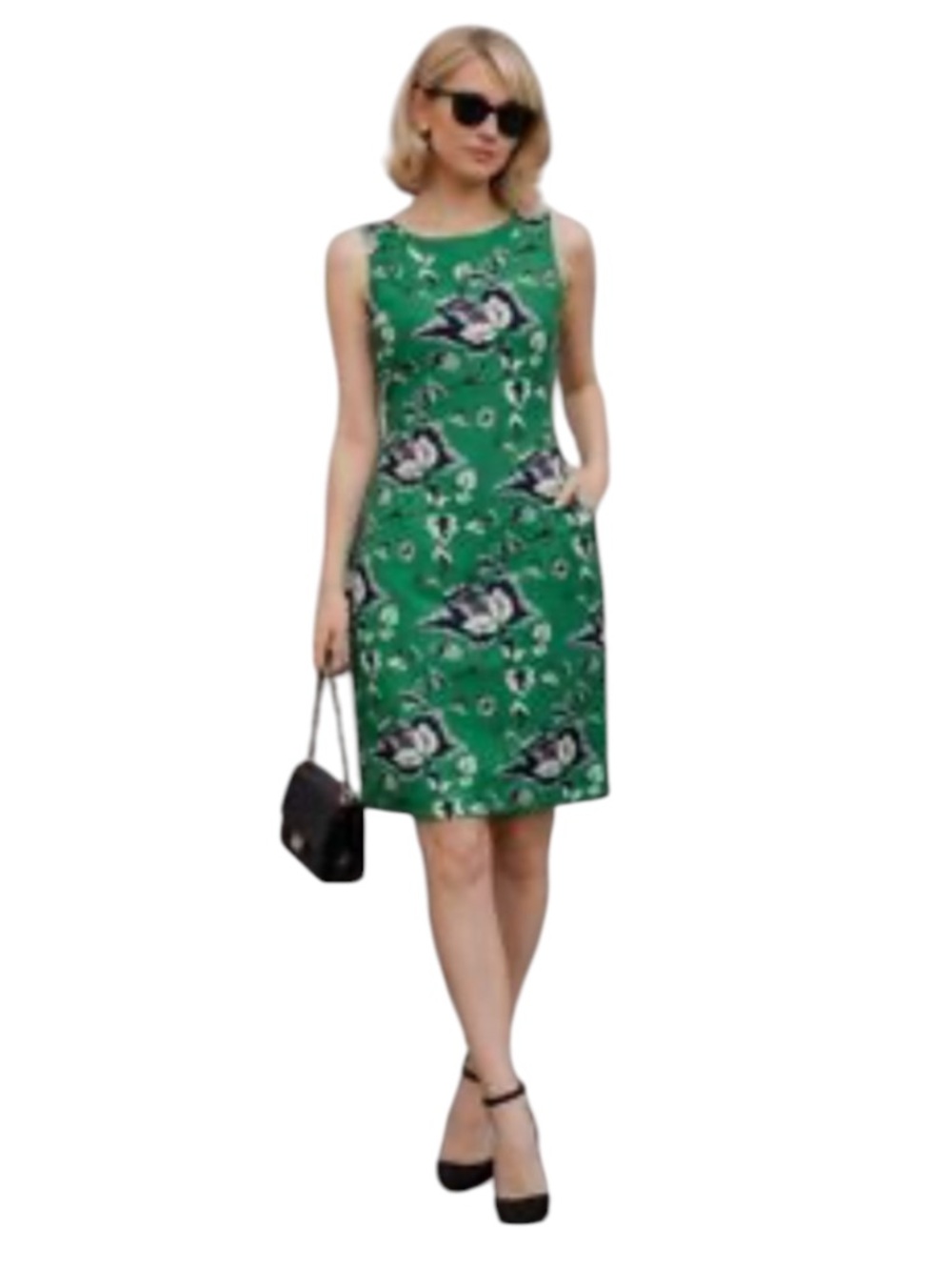 Diane Von “SOFIA” Green Floral Wool/ Silk Sheath Dress with Black & White Blooms